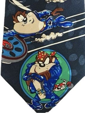 Vintage Looney Tunes Taz Motorcycle Tie 1993 Warner Bros Blue Silk 59”